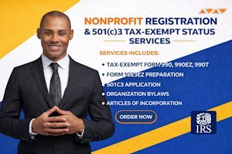 prepare and file non profit tax exempt status, form 990 990ez 1023ez 990t bylaws