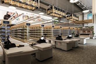 design 3d super marche interior,open floor plan layout, commercial market render
