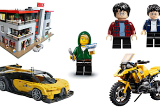 model lego technic car, toy, bike, ship, minifigure, house with instructions