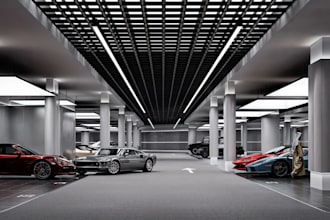 refresh modern basement garage, luxury car park,showroom interior, cgi rendering
