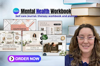 design mental health workbook, self care journal, therapy workbook and planner