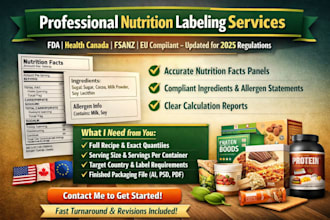 create fda, cfia, fsanz, eu compliant nutrition facts label and supplement label
