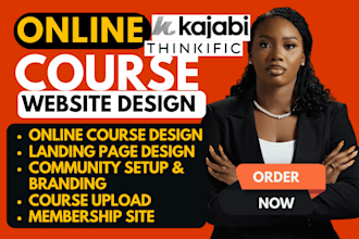 design kajabi thinkific course website landing page, course setup automation