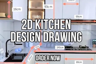 design a complete 2d kitchen drawing, kitchen plan, cabinet layout, interior