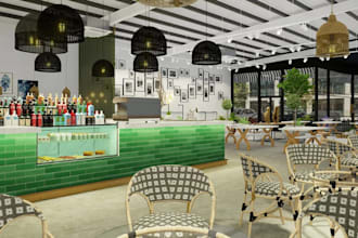 upgrade3d coastal restuarant interior,cafe layout,outdoor lounge,cgi bakery shop