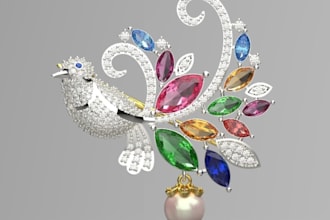 create 3d cad jewelry design, brooch model for printing, production ring render