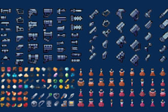 design 2d pixel art game assets, weapons, item, UI, icons, tileset, sprite sheet