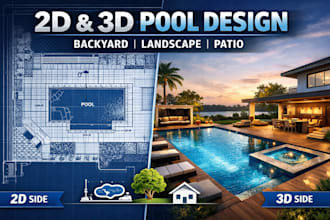 do 2d and 3d swimming pool, landscape design, frontyard, backyard and patio plan