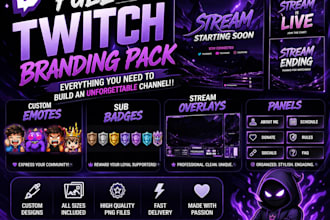 design a complete twitch branding pack emotes badges overlays and panels