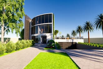 overall residential visualize,curved facade,modern living area,dreamhouse render