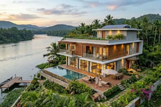 transform 3d luxury waterfront property,duplex house exterior,beach villa render