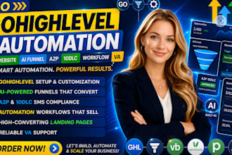 gohighlevel CRM setup, ghl ai funnel landing page, a2p 10dlc workflow VA