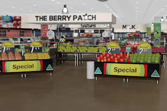 render 3d supermarket, retail store, food mart, shopping mall, grocery store