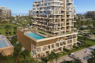 render high end 3d house exterior,rooftop pool, aerial landscape, terrace design
