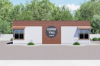 3d container coffee shop, cafe design, shipping container rendering