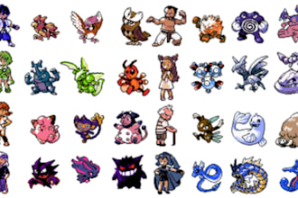 do custom fakemon pokemon style sprite, pixel art monster, trainer sprite sheet