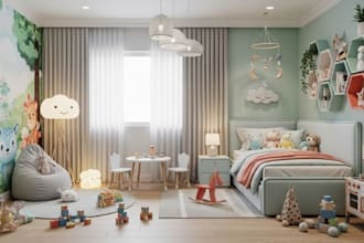 design 2d and 3d realistic kids room, baby room, nursery, playroom, kindergarten