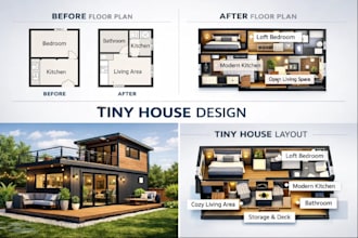 design tiny house, small house, cabin house and container home with floor plans