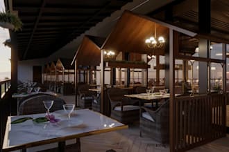 revive 3d hotel restaurant interior,furniture layout,rooftop design,cgi cozy bar