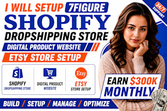 setup 7figure shopify dropshipping store, digital product website, etsy store