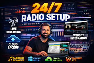 set up radioboss, icecast streaming, cloud backup and a nice radio website