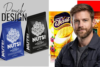 create premium pouch packaging, food package, bag design with 3d mockup