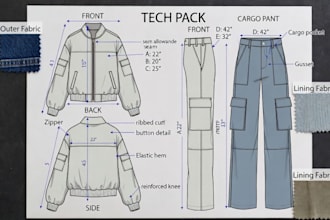 create tech pack for clothing brand, flat sketch and fashion tech pack