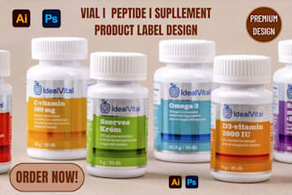 do product label design vial label, peptide label, supplement label, 3d mockup