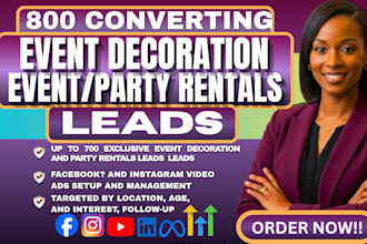 800 exclusive event decoration leads, party rental leads via facebook ads