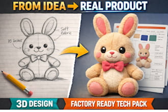 design 3d custom plush toy with factory ready tech pack for mass production