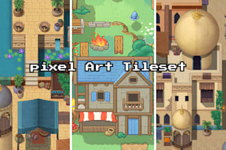 create 2d top down pixel art tileset, rpg map, game assets props backgrounds