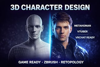 create 3d character, metahuman, vtuber, zbrush, retopology, vr avatar, character