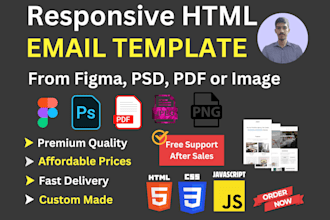 create responsive HTML email template from figma, PSD, PDF, or image in 12 hrs
