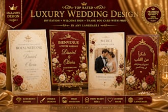 create luxury invitations, welcome signs, thank you cards for weddings, events