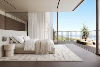 upscale 3d waterside apartment,airbnb apartment interior, penthouse internal cgi