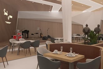 overhaul 3d cozy cafe interior, lounge design, musical band stage, cgi workshop