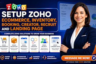 setup zoho ecommerce, inventory backstage booking, creator recruit, loading page