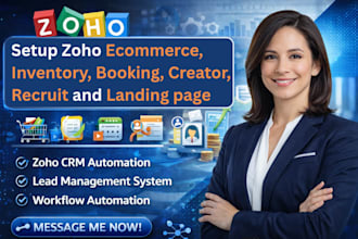 setup zoho ecommerce, inventory backstage booking, creator recruit, loading page