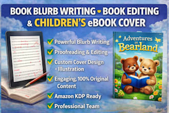 write book blurb, do book editing and childrens ebook cover design illustration
