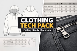 design clothing tech pack and technical flat sketch for apparel manufacturing