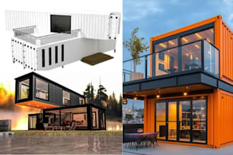 create realistic 3d shipping container homes, cafes, offices and shop designs