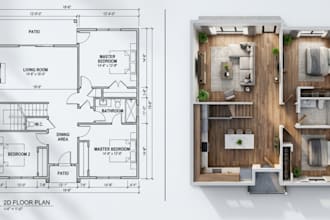 create 2d floor plan, 3d floor plan, house plan and architectural rendering