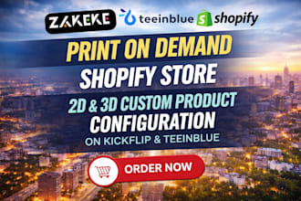 create zakeke pod shopify store, 2d 3d custom product configuration on kickflip
