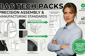 design bag tech pack, handbag, backpack, duffle bag design and technical drawing