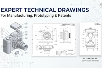 create technical drawings for manufacturing, prototyping and patent line art
