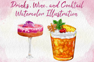 create a stylish drink and cocktail watercolor illustration