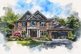 handmade watercolor painting of house