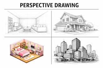 draw 1 point 2point perspective sketch room interior drawing