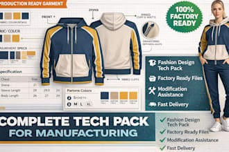 create production ready clothing tech pack, technical drawing for manufacturing