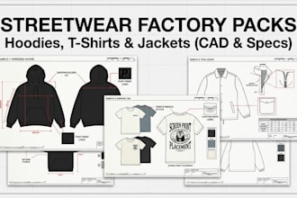 create a streetwear pack for hoodies, t shirts and jackets, factory ready packs